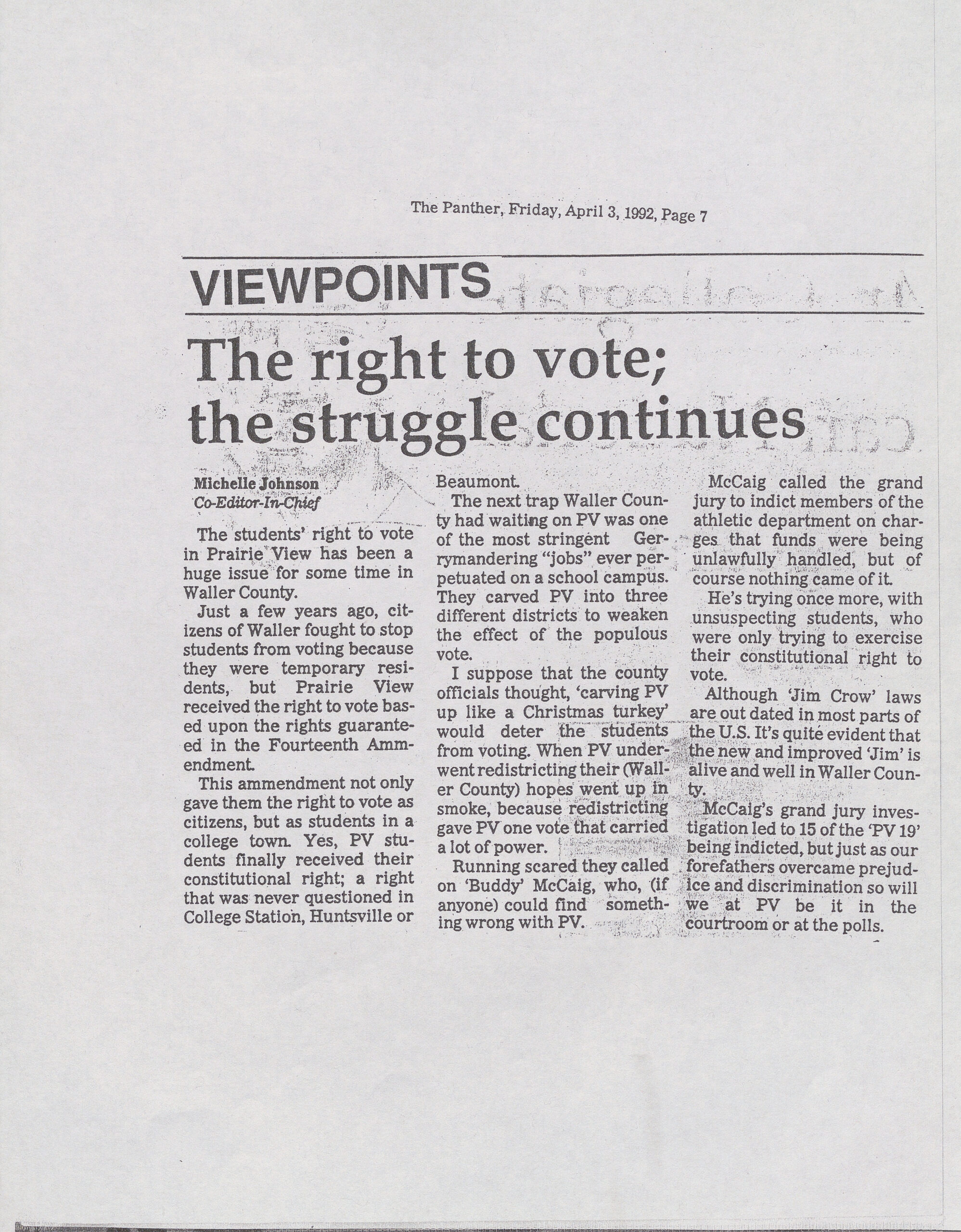 This is newspaper article from "The Panther" in 1992 describing the struggle that students had in Waller County to vote.